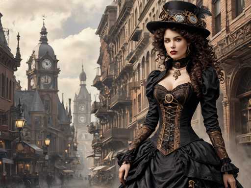 The image depicts a Victorian-era cityscape, likely AI-generated, with a detailed focus on a woman standing prominently in the foreground. She is dressed in an elaborate black gown with intricate brown accents, including a corset-like bodice and long sleeves adorned with lace. Her attire is completed by a black top hat embellished with three clocks and feathers, and she wears a choker necklace with a pendant. The woman has long, curly brown hair cascading down her shoulders and is looking directly at the camera with a serious expression. The background features a bustling city street lined with tall, brown buildings, some of which have clock towers and balconies. The sky above is a mix of blue and white clouds, adding to the atmospheric depth of the scene. The overall color palette includes shades of brown, black, gray, white, blue, and hints of yellow, contributing to the historical and somewhat mysterious ambiance of the image.