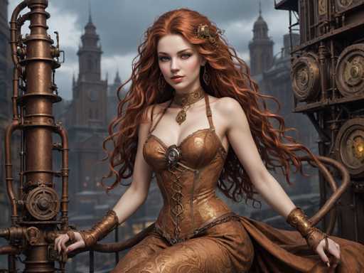 The image depicts a highly detailed, computer-generated scene of a woman with long, wavy red hair adorned with a gold barrette. She is dressed in a copper-colored corset with lacing up the front, complemented by a matching copper dress. Her attire is accentuated with gold cuffs on her wrists and a choker around her neck. The woman is seated on a copper-colored fire hydrant, which features a wheel and various pipes extending from it. She gazes directly at the camera with a serious expression, her lips slightly parted. The background reveals a cloudy, gray sky and a cityscape with tall, spired buildings, reminiscent of a European setting. To her right, there is a machine with gears and pipes, adding to the industrial aesthetic of the scene.