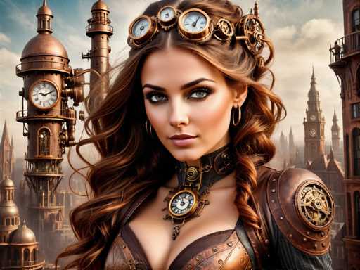 The image is a highly detailed, computer-generated illustration of a young woman with long, wavy brown hair adorned with numerous steampunk-inspired elements. Her hair is intricately styled with clock faces, gears, and other metallic components, giving it a distinct mechanical aesthetic. She has striking green eyes and is wearing a leather choker with a prominent clock pendant. Her attire includes a leather corset and armor, with a notable gear on her shoulder, further emphasizing the steampunk theme. The background features a cityscape with tall, copper-colored buildings that also incorporate clock elements, enhancing the overall futuristic and mechanical ambiance of the scene.