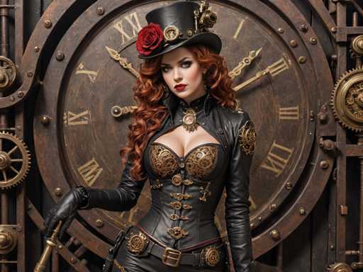 The image depicts a striking woman with long, curly red hair cascading down to her chest. She is adorned in a black top hat embellished with a red rose and various intricate metal pieces. Her attire consists of a form-fitting black leather corset, detailed with gold accents and buckles, paired with matching black leather gloves. A black belt with a prominent gold buckle cinches her waist, and she wears black leather pants. The woman is holding a gold cane in her right hand, adding to her sophisticated appearance. She stands before a large, ornate clock with Roman numerals, which is set against a backdrop of gears and metal components, suggesting a steampunk aesthetic. The clock's face is surrounded by a wooden frame, and the entire scene is rich with metallic elements, enhancing the industrial and mechanical theme.
