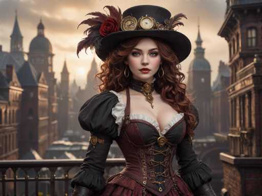 In this detailed digital artwork, a young woman stands on a balcony, gazing directly at the viewer. She is adorned in a striking steampunk-inspired outfit, featuring a black top hat embellished with a red rose, feathers, and various gears. Her long, curly red hair cascades down to her chest, framing her face which is accentuated with red lipstick and large hoop earrings. She wears a corset-like top in burgundy and black, with poofy black sleeves that reach her elbows, and a choker necklace with a prominent pendant. The background reveals a cityscape of tall, ornate buildings with domed roofs, reminiscent of Russian architecture, under a sky tinged with the hues of a setting sun. The overall scene evokes a sense of Victorian-era fantasy, blending elements of elegance and whimsy.