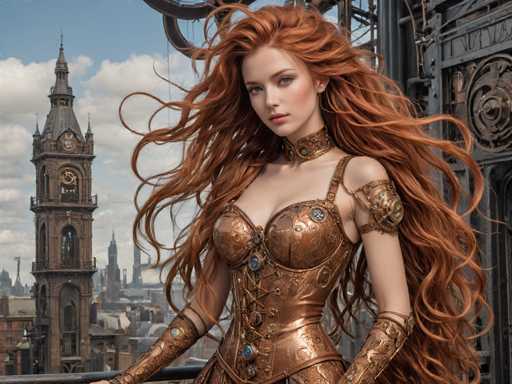 The image depicts a striking, computer-generated woman with long, flowing red hair that cascades down to her waist. She is adorned in a copper-colored, form-fitting dress that accentuates her figure, featuring intricate details such as a bustier top and a corset-like bodice. The dress is embellished with blue jewels and various metal accents, including a choker around her neck and a piece of armor on her left shoulder. Her arms are covered with matching copper-colored gloves that extend up to her elbows. The woman has fair skin, blue eyes, and pink lips, and she gazes directly at the viewer with a serious expression.

She stands on a balcony, with a black railing visible in the foreground. Behind her, the backdrop reveals a cityscape with tall buildings, including a prominent clock tower on the left side. The sky above is a mix of blue and white clouds, adding to the overall dramatic and detailed composition of the image.