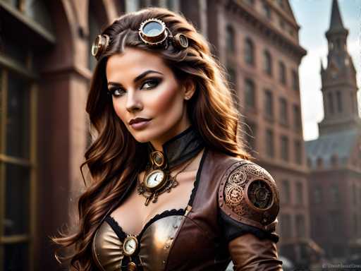 The image portrays a strikingly beautiful woman with long, wavy brown hair cascading down to her chest. She has a fair complexion, accentuated by heavy makeup, including dark red lipstick and dramatic eye shadow. Her eyebrows are meticulously groomed, and she wears a small stud earring. Atop her head, she sports a pair of steampunk goggles with circular lenses, adding a touch of whimsy to her appearance. Around her neck, she wears a unique necklace featuring a clock face and other intricate gears, complementing her steampunk aesthetic. Her attire consists of a brown leather jacket adorned with gears and metal accents on the shoulders, and a brass corset with black lace trim underneath. The background reveals a cityscape with tall, brown buildings, one of which has a steeple, suggesting a European setting. The overall scene evokes a sense of adventure and fantasy, reminiscent of a character from a video game or a steampunk-themed movie.