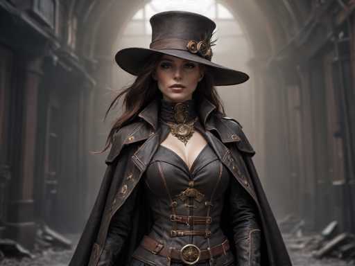 The image depicts a young woman, likely in her 20s, with long brown hair cascading down to her chest. She is adorned in a striking steampunk-inspired outfit, featuring a tall, wide-brimmed top hat embellished with a brown band and intricate gold decorations. Her attire includes a black leather corset with a V-neckline, accentuated by a prominent gold medallion at the center. Over her corset, she wears a black leather jacket with a high collar, and a brown belt with a large gold buckle cinches her waist. Completing her ensemble is a black leather cape draped over her shoulders. The woman stands in the middle of a dilapidated, dusty hallway with high arched ceilings, which are partially illuminated by light streaming through a large window at the far end. The hallway is flanked by tall, brown walls and littered with debris, adding to the overall atmosphere of decay and abandonment.