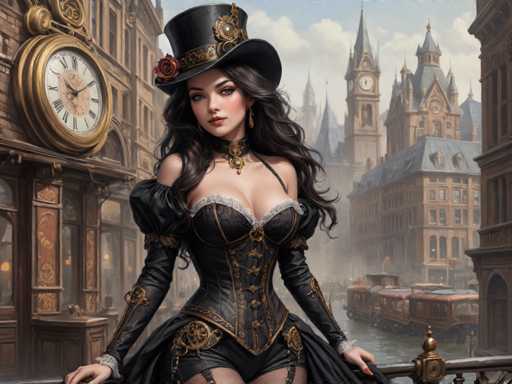 The image depicts a detailed, computer-generated scene of a young woman standing on a bridge in a Victorian-era city. She is dressed in an elaborate, gothic-style outfit featuring a black corset with gold trim and a matching black top hat adorned with a rose and a gold band. Her long, dark hair cascades down her shoulders, and she wears a choker necklace with a gold pendant. The corset is paired with black shorts, and she has red fingernails. The woman stands with her hands on the bridge's railing, gazing off to the left.

The background reveals a cityscape with tall, ornate buildings, including a prominent clock tower and a church. The sky is blue with white clouds, and the scene includes a canal with wooden boats, adding to the historical ambiance. A large, gold clock with Roman numerals is visible on a building to the left, enhancing the old-world charm of the setting. The overall atmosphere is one of a foggy, misty day, contributing to the mysterious and timeless feel of the image.