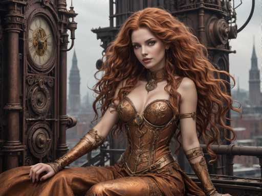 The image portrays a strikingly beautiful woman with long, wavy red hair cascading down her back. She is adorned in a copper-colored, form-fitting dress that accentuates her figure, featuring intricate designs and a corset-like bodice. Her attire includes matching copper-colored gloves that extend up to her elbows, and she wears a choker with a circular pendant. The woman is seated on a balcony, gazing off to the left, her expression serene and contemplative. Behind her, a large, ornate clock tower stands prominently, with a cityscape of tall buildings and spires visible in the background. The scene is set against a gray, overcast sky, adding a moody atmosphere to the image. The overall composition suggests a blend of realism and digital enhancement, creating a captivating and somewhat surreal visual experience.