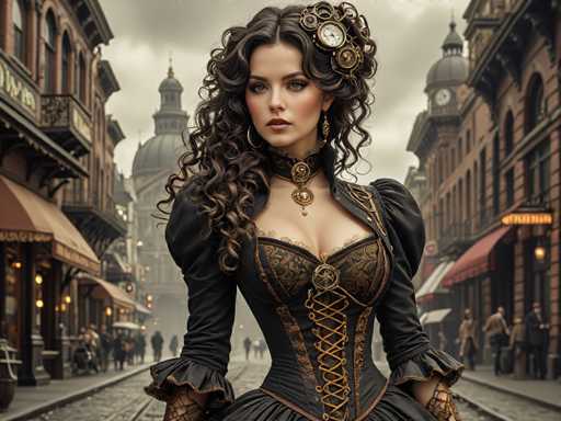 The image depicts a young woman, likely in her 20s, standing in the middle of a cobblestone street in a city that evokes a Victorian or steampunk aesthetic. She has long, dark brown hair adorned with intricate clockwork gears and a prominent pocket watch on the left side of her head. Her attire is a striking black corset with gold trim, laced up the front, and complemented by a choker necklace featuring a large gear. She wears a black dress with puffy sleeves that end in ruffles, and her hands are covered in fishnet gloves. Her makeup is bold, with dark red lipstick and heavy eye makeup, giving her a serious expression as she gazes directly at the camera. The background reveals a cloudy, gray sky and a cityscape with tall, brown buildings, some of which have red awnings and balconies. People are seen standing on the sidewalks, adding to the bustling atmosphere of the scene.