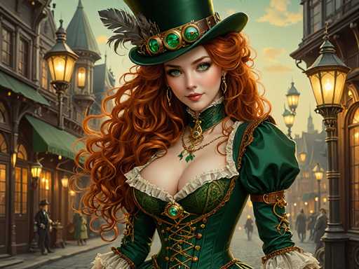 The image depicts a highly detailed, computer-generated scene reminiscent of a video game or animated movie. At the center stands a striking woman with long, curly red hair cascading past her chest. She wears a green top hat adorned with a brown belt and three green jewels, along with a prominent feather. Her attire includes a green corset laced with gold strings, complemented by a gold necklace featuring a green gem. Her green eyes and red lipstick add to her captivating appearance. The background reveals a bustling city street lined with buildings, streetlights, and people, suggesting a Victorian-era setting. The sky is a light blue with scattered clouds, enhancing the overall ambiance of the scene.