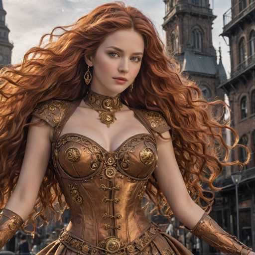 A woman with long red hair wearing a gold corset and earrings stands on a street corner, facing the camera directly with an expression of determination or focus. The background features buildings and trees, suggesting an urban setting.
