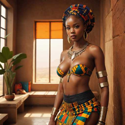 A woman is standing in front of a window with her back turned towards the camera. She is wearing a colorful headpiece and a skirt that matches the vibrant hues of the headpiece. The woman's attire includes gold earrings and bracelets, adding to the overall richness of her appearance. A potted plant can be seen on the left side of the image, contributing to the indoor setting.