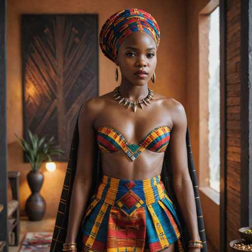 A woman stands confidently in front of a window with a wooden frame and a black curtain. She wears a vibrant red and blue striped skirt that contrasts with her gold necklace and earrings. The woman is dressed in traditional African attire, including a head wrap adorned with colorful beads.
