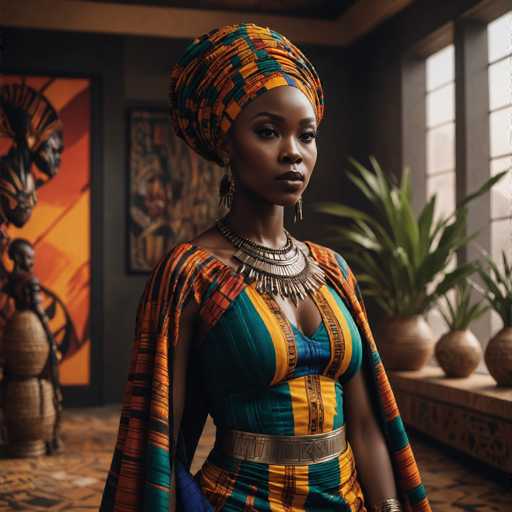 A woman stands confidently against a backdrop of an ornate room with a large window and a painting on the wall behind her. She wears a vibrant dress that is striped in shades of orange and green, accented by gold jewelry including earrings and a necklace. The room features several potted plants scattered around, adding to the overall aesthetic of the space.