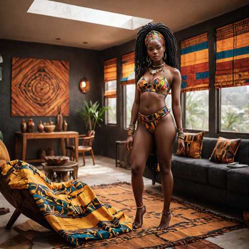 A woman stands confidently on a rug in a room with large windows that let in natural light. She is wearing a colorful bikini top and matching swimsuit, and her hair is styled in dreadlocks. The room features a wooden table surrounded by chairs, and the walls are adorned with paintings.