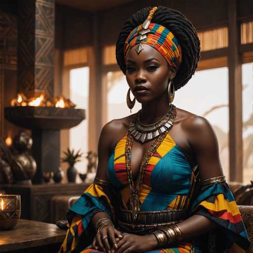 A woman with long dreadlocks and a colorful headband is seated at a table, wearing a blue dress adorned with gold accents and gold bangles on her wrists. The room has dark wood paneling and a fireplace in the background, creating an atmosphere of elegance and sophistication.