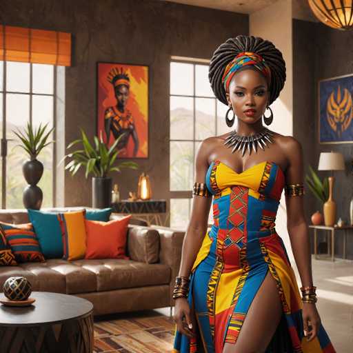 A woman stands confidently in a room with a brown leather couch and a coffee table adorned with colorful throw pillows. She wears a vibrant dress that features blue, yellow, and red hues, complemented by gold earrings and a necklace. The walls are painted in a dark color, and the window behind her is decorated with orange curtains.