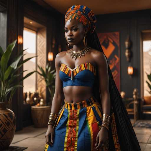 A woman stands confidently in front of a window with green plants and gold accents, wearing a blue and orange striped dress that matches the color scheme of her headpiece. She is adorned with gold jewelry and has long braided hair.