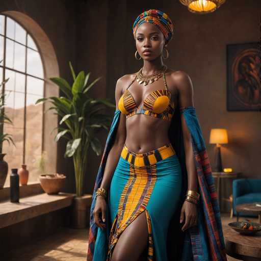A woman stands confidently in front of a window with a plant on the sill and a painting above her head. She wears a blue and yellow dress that features a high neckline and a skirt with a split waist design. The woman is wearing gold jewelry and a turban.