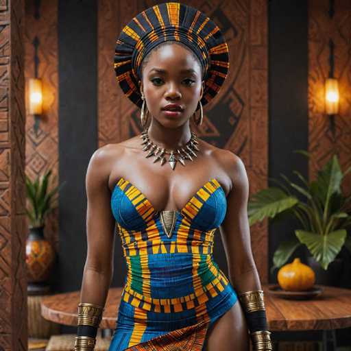 A woman is standing in front of a wooden wall with a black and white patterned design on it. She is wearing a blue dress with yellow and green stripes, a gold necklace, and a black headband. The background features two potted plants and a lamp.