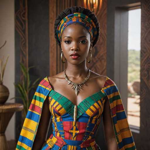 A woman is standing in front of a window with her back turned towards the camera. She is wearing a colorful dress that features a pattern of red, green, yellow, and blue stripes. The dress has a high neckline and a corset-like waistband. The woman also wears a head wrap adorned with gold and blue beads around her neck.
