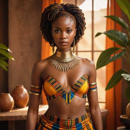 A woman with dreadlocks and a gold necklace stands in front of a window, wearing an orange and blue striped swimsuit that matches the color scheme of her room.