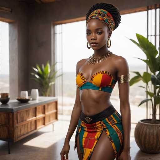 A woman is standing in front of a window with her back turned towards the camera. She is wearing a colorful outfit that includes a green and yellow skirt, a red and gold top, and a matching headband. The woman has her hair styled in an afro and is wearing earrings. A potted plant can be seen behind her on the right side of the image.