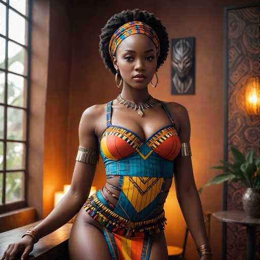 A woman with long dark hair is standing in a room with brown walls and a window that lets in natural light. She is wearing a colorful outfit consisting of a blue and orange tank top adorned with yellow and red stripes, a matching headband, and gold earrings. The woman's pose suggests she is posing for the camera, with her left hand resting on a table and her right hand holding a vase.