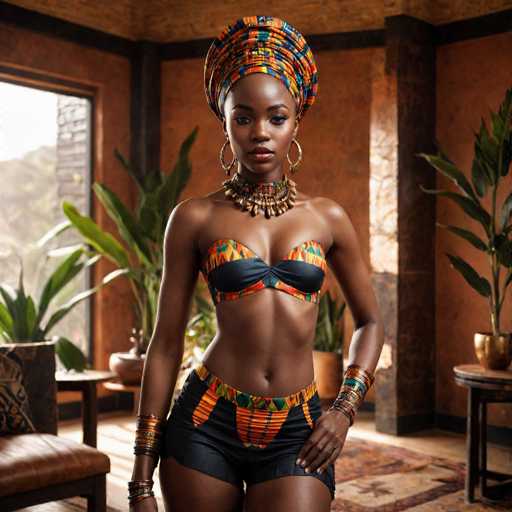 A woman stands confidently against a brick wall with a window behind her. She wears a black and orange bikini top paired with shorts adorned with yellow and green stripes. The woman is wearing a colorful headband that matches the colors of her swimsuit. A gold necklace and bracelets are also visible on her, adding to her stylish appearance.