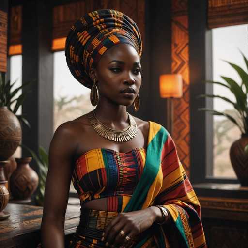 A woman is seated at a table with her back to the camera. She wears a colorful headpiece and necklace that complement her outfit. The background features a window with blinds and several vases on display.