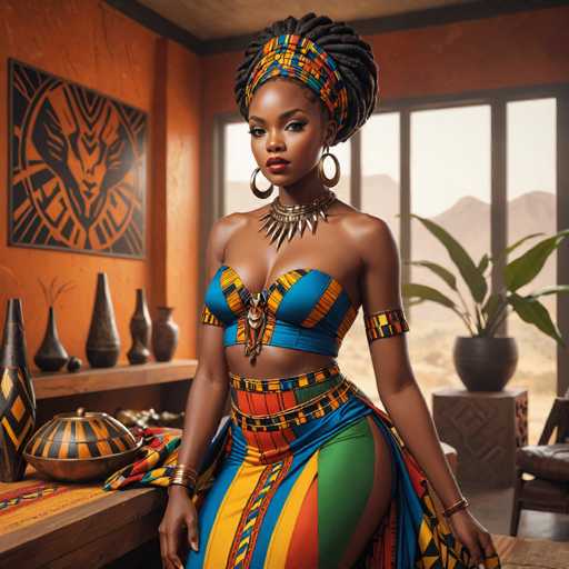 A woman is seated at a table with a vase and pot on it. She is wearing a colorful dress that includes a skirt and top, and she has her hair styled in braids. The room features orange walls and a window with blinds, allowing natural light to enter the space. There are also several decorative items displayed throughout the room, including a painting of a lion head and other vases and pots.