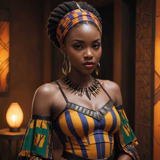 A woman with long dark hair wearing a colorful striped dress and gold earrings stands in front of a lamp on a table.