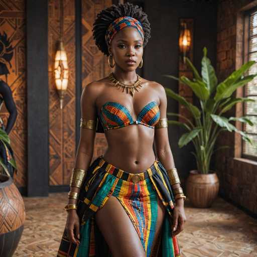 A woman stands confidently in front of a brick wall with a window and two potted plants on either side. She wears a colorful dress that includes a skirt and a headband. The woman is positioned centrally in the image, drawing attention to her striking appearance.