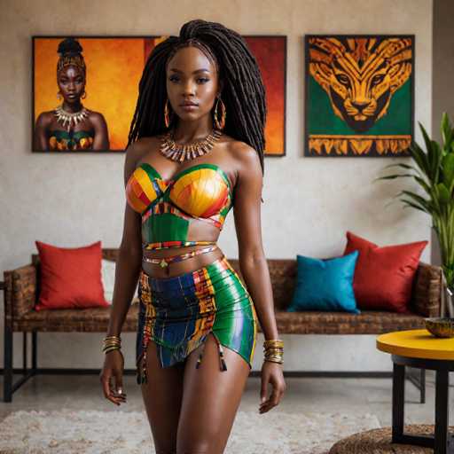 A woman with long dreadlocks and a colorful dress stands confidently in the center of a room filled with various pieces of furniture including a couch, coffee table, and potted plant. The walls behind her feature paintings that add an artistic touch to the space.