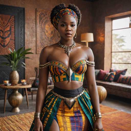 A woman stands confidently in a room with a large window and a wooden table behind her. She wears a vibrant yellow and green dress that features a skirt with a unique design of blue and orange stripes. The dress is complemented by a headband adorned with gold accents. The woman's hair is styled in an elegant updo, and she holds a small vase filled with flowers in her hand.