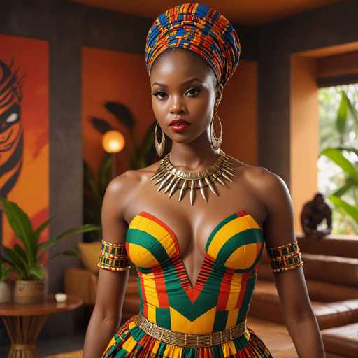 A woman stands confidently against a backdrop of an orange wall with a painting and a window. She wears a vibrant dress that is predominantly green and yellow, accented by red stripes on the bodice. The dress features gold accents along the neckline and waistband. A blue headscarf is wrapped around her head, adding to the overall colorful ensemble.