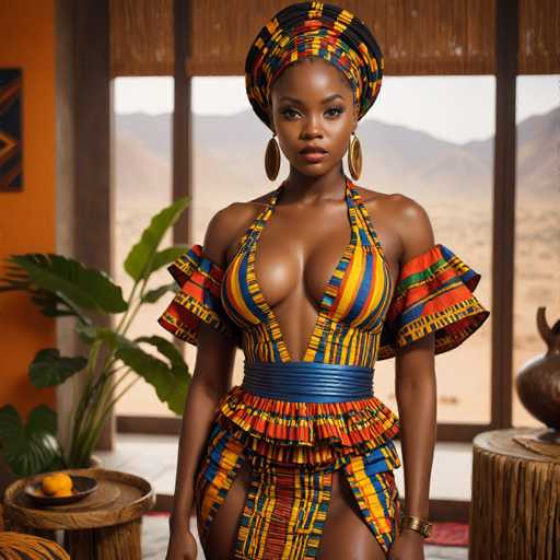 A woman stands confidently against a backdrop of a window with an orange wall and a plant on the windowsill. She wears a vibrant dress adorned with stripes in shades of yellow, blue, green, red, and white, paired with a black headband that matches her dress. The woman's gaze is directed straight at the camera, exuding an air of self-assuredness.