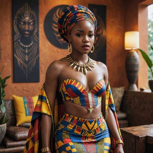 A woman stands confidently against an orange wall adorned with paintings and a lamp. She wears a vibrant blue and yellow dress that contrasts with the warm tones of her surroundings. The woman is wearing a gold necklace and earrings, adding to her regal appearance. A large headband rests on her head, complementing her attire.