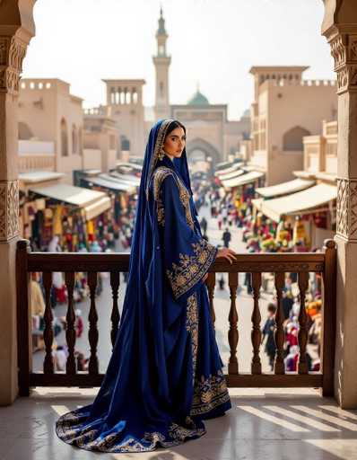A regal woman in a deep royal blue Abaya, adorned with intricate gold embroidery, stands gracefully on a balcony overlooking a vibrant, bustling Middle Eastern bazaar. The image embodies historical fashion photography with rich textures and traditional elements, showcasing a captivating blend of cultural elegance and bustling activity.