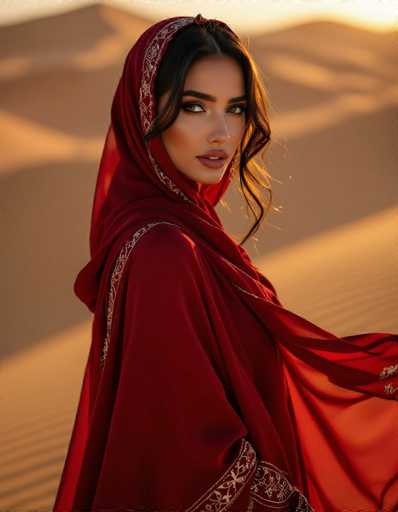 A captivating Middle Eastern woman in a flowing crimson Abaya commands attention against a warm, golden desert sunset. The cinematic portrait features dramatic shadows and a soft, golden-hour glow, emphasizing the model's elegant pose and the rich fabric. The spatial relationship highlights her as the central focus, bathed in the light while the desert landscape provides a warm backdrop.