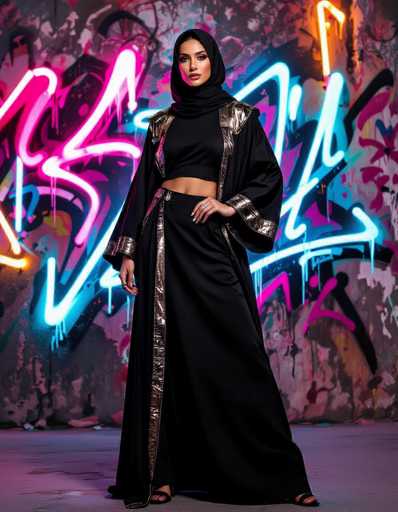 A modern Arabian woman commands attention in a black, cropped Abaya with metallic accents, styled against a vibrant neon graffiti wall. The pose is confident, showcasing the fusion of traditional and streetwear elements with bold contrasts and edgy lighting. The spatial relationship highlights the model as the focal point against the dynamic, abstract backdrop.