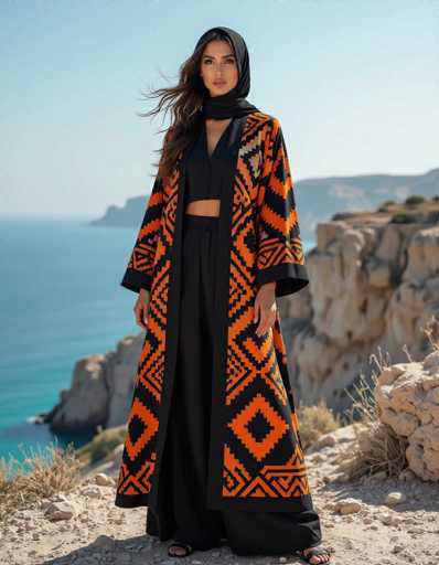 A stylish Middle Eastern woman, confidently posed in a vibrant black and orange patterned cropped abaya, stands on a windswept cliff overlooking the turquoise Mediterranean. The bold geometric design contrasts with her black hijab, creating a striking modern street fashion image with high contrast and strong lines.