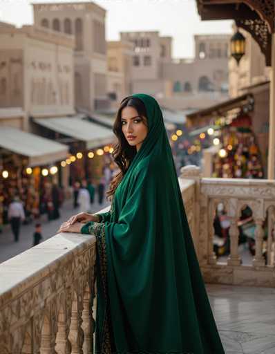 A captivating Middle Eastern woman in a rich emerald green Abaya stands on a marble balcony, gazing intently. The bustling souk below is softly blurred, emphasizing her presence. Shot with a shallow depth of field and showcasing luxurious textures, the image embodies high-fashion editorial style with an alluring, smoldering gaze.
