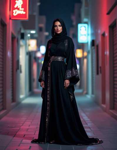 A stylish woman in a black, asymmetrical abaya with metallic details stands in a neon-lit Dubai alleyway at night. The image blends cyberpunk and traditional fashion with dramatic shadows, showcasing reflective surfaces and a captivating, modern aesthetic.