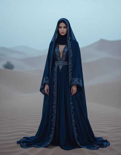 A veiled woman in a deep indigo, intricately embroidered Abaya stands in a misty desert oasis under a twilight sky. The ethereal scene blends magical realism with surreal elements, showcasing glowing threadwork and a dreamlike atmosphere in this fashion photograph.