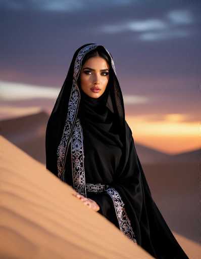 A captivating Middle Eastern woman in a black abaya with intricate silver threadwork stands poised amidst a soft, sandy desert dune at twilight. The cinematic shot features dramatic shadows and a glowing horizon, emphasizing her intense gaze and magnetic presence in this fashion-forward portrait.