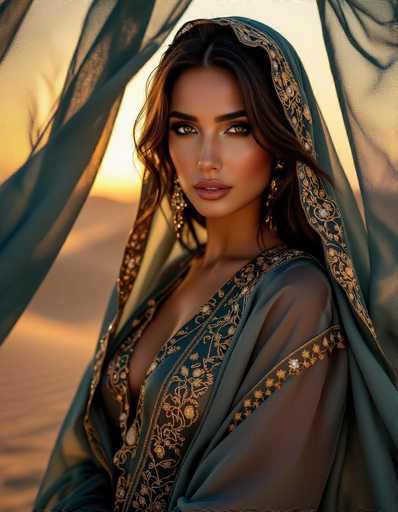 A captivating Middle Eastern woman, draped in a flowing teal silk abaya adorned with gold embroidery, commands attention against a warm desert sunset. Soft chiaroscuro lighting highlights her intense gaze and the rich jewel tones of her attire, creating a cinematic portrait with an air of mystery. The fabric's ethereal folds and the golden glow emphasize her elegant presence in this fashion photography piece.