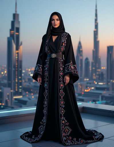 A powerful Middle Eastern woman in a striking black abaya with intricate geometric embroidery stands confidently on a rooftop, overlooking a futuristic cityscape bathed in twilight. The high-tech fashion photography style features neon highlights and sharp shadows, emphasizing the model's commanding gaze and the dramatic urban backdrop.