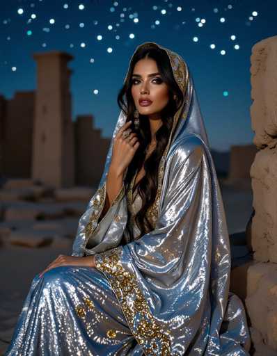A captivating Arabian woman, draped in a shimmering silver Abaya with gold embroidery, sits gracefully amidst ancient desert ruins under a starry night. Dramatic chiaroscuro lighting highlights her features and the intricate details of her attire, creating a moody, high-fashion editorial portrait. The spatial relationship emphasizes the woman's elegance against the timeless backdrop.