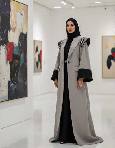 A poised, modern Middle Eastern woman in a sophisticated grey Abaya with bold shoulder pads stands confidently in a minimalist art gallery. The clean lines of the garment contrast with the abstract, colorful paintings on the walls, creating a stylish juxtaposition within the neutral-toned space.