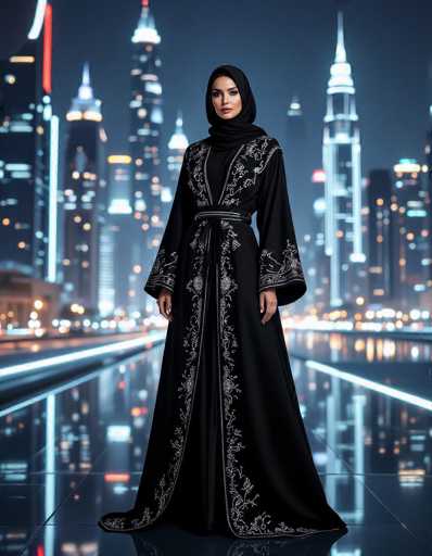 A stylish woman in a modern black Abaya with intricate metallic embroidery stands confidently against a vibrant, futuristic cityscape at night. The high-fashion editorial captures her in a dynamic pose, with neon reflections on the glossy floor and sharp contrasts emphasizing the elegant garment's design.
