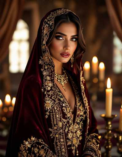 A captivating Middle Eastern woman in a rich burgundy Abaya, adorned with intricate gold embroidery, commands attention. The chiaroscuro lighting highlights her piercing gaze and the luxurious velvet texture of her garment, set within a dimly lit harem chamber filled with warm candlelight. The spatial relationship emphasizes the woman's central presence, creating an alluring and mysterious atmosphere.